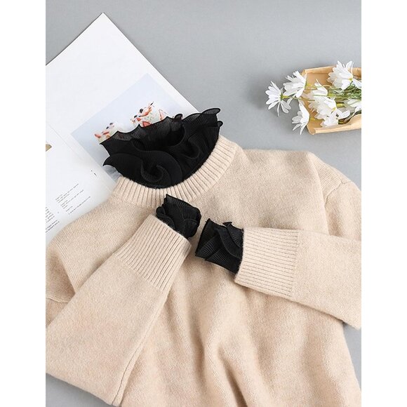 Black Faux Collar & Cuffs Set Chiffon Victorian Style Women's Accessories - Picture 2 of 4